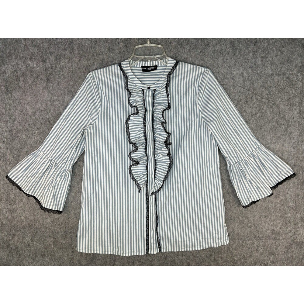 Karl Lagerfeld Paris Blue White Stripe Shirt Blouse M Lace Ruffle Flare Sleeve
